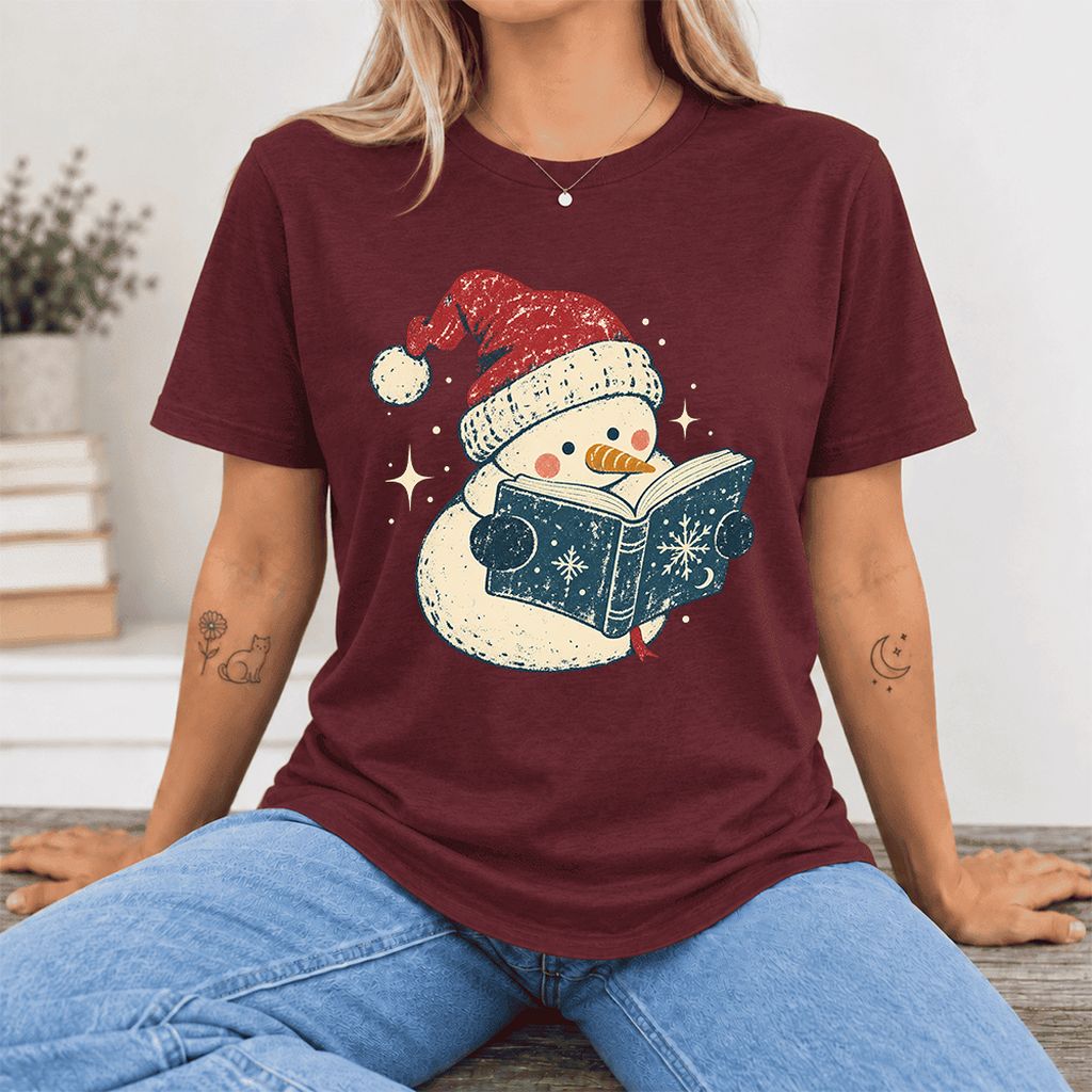 Reading Snowman Christmas Ultra-Soft Cotton T-Shirt | Cozy Christmas Reader Gift Maroon