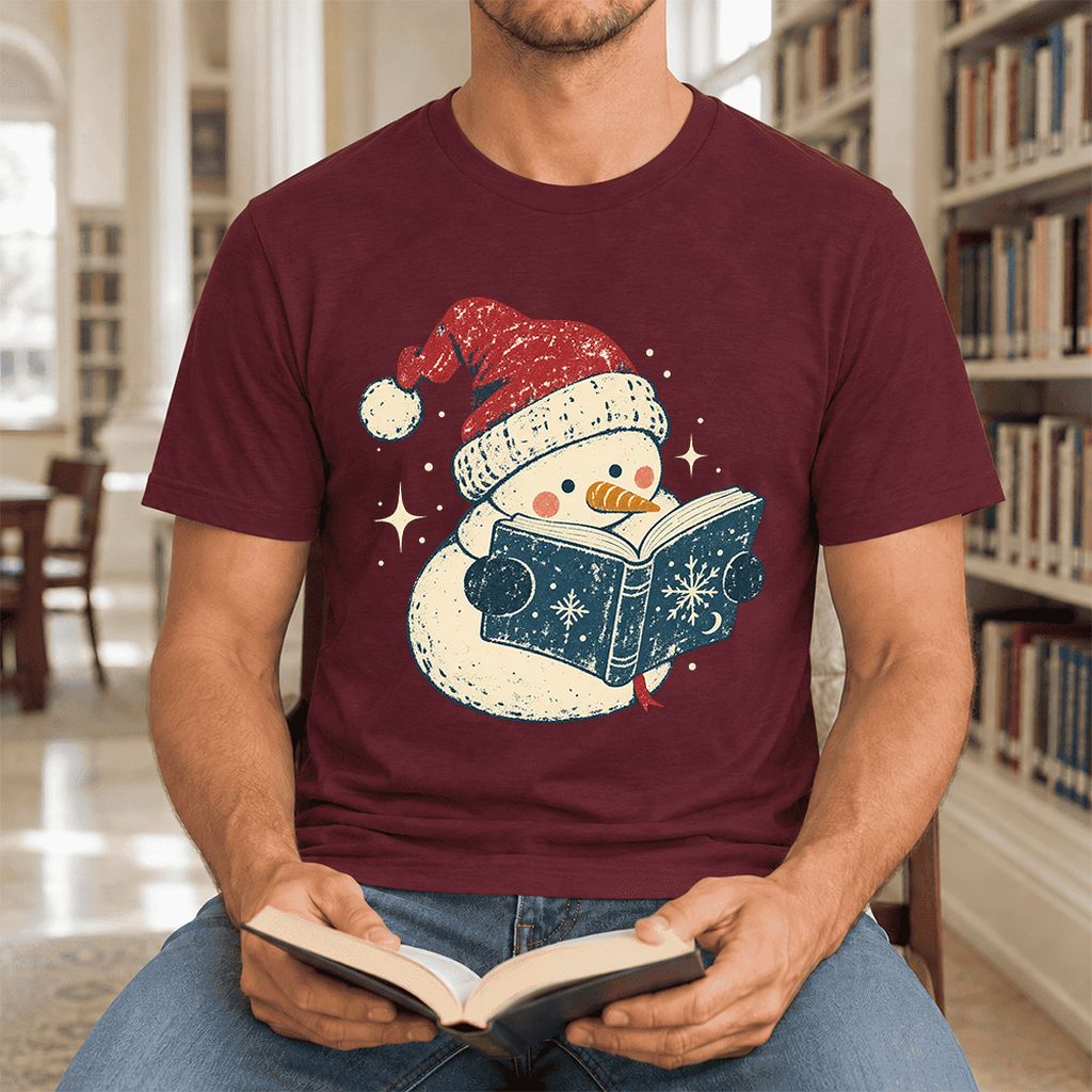 Reading Snowman Christmas Ultra-Soft Cotton T-Shirt | Cozy Christmas Reader Gift Maroon