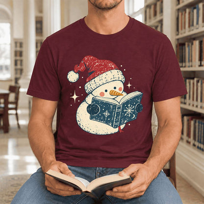 Reading Snowman Christmas Ultra-Soft Cotton T-Shirt | Cozy Christmas Reader Gift Maroon