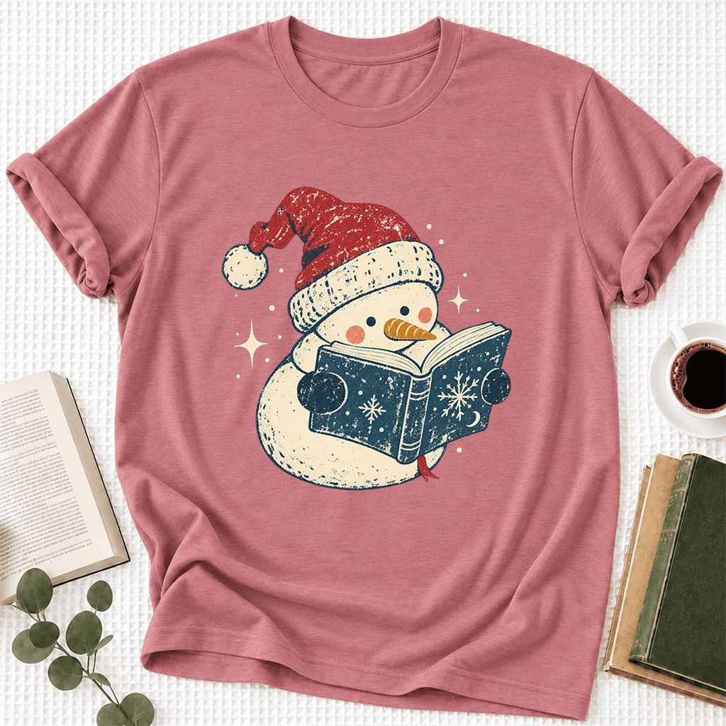 Reading Snowman Christmas Ultra-Soft Cotton T-Shirt | Cozy Christmas Reader Gift Mauve