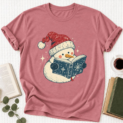 Reading Snowman Christmas Ultra-Soft Cotton T-Shirt | Cozy Christmas Reader Gift Mauve