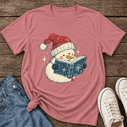 Reading Snowman Christmas Ultra-Soft Cotton T-Shirt | Cozy Christmas Reader Gift Mauve