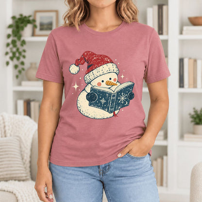 Reading Snowman Christmas Ultra-Soft Cotton T-Shirt | Cozy Christmas Reader Gift Mauve