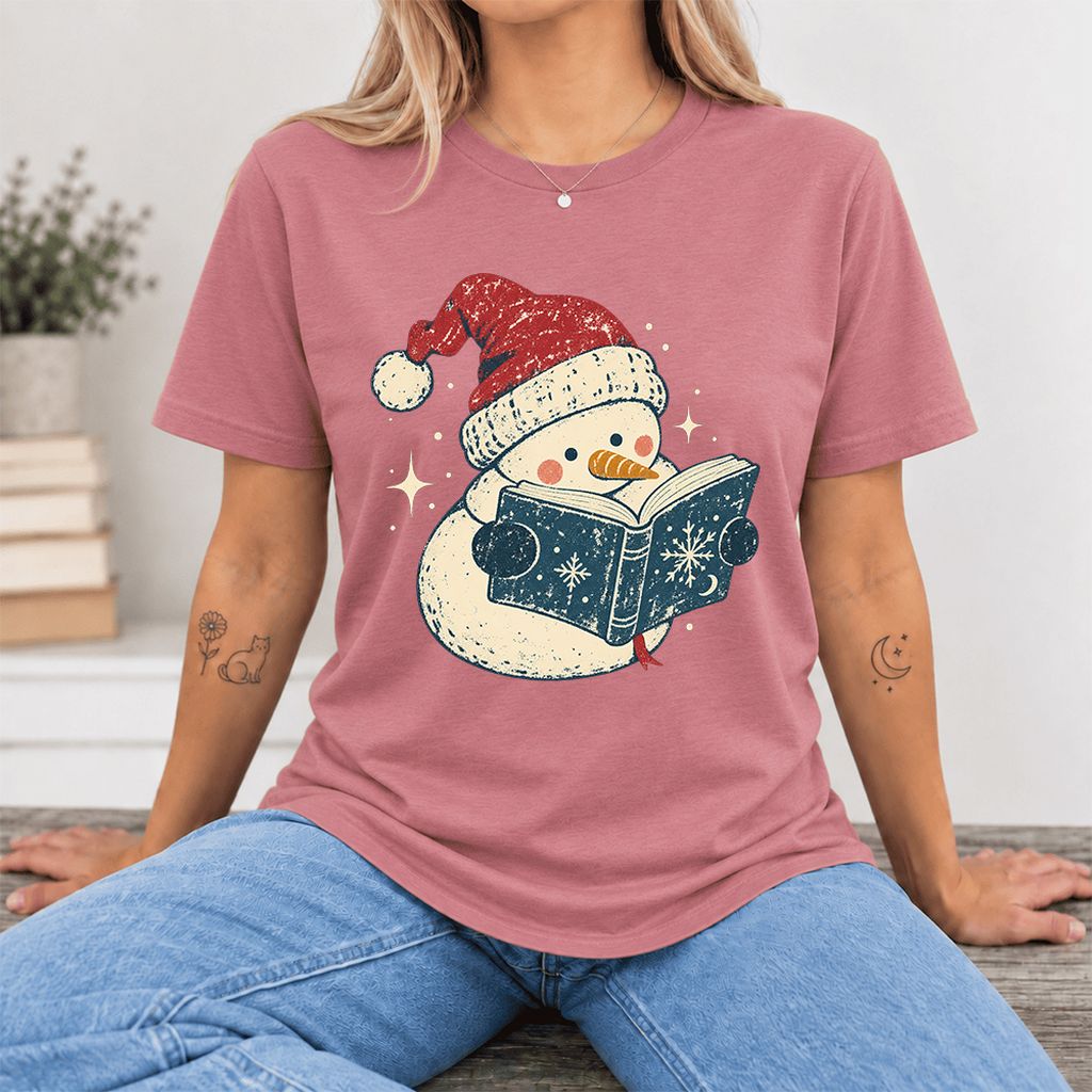 Reading Snowman Christmas Ultra-Soft Cotton T-Shirt | Cozy Christmas Reader Gift Mauve