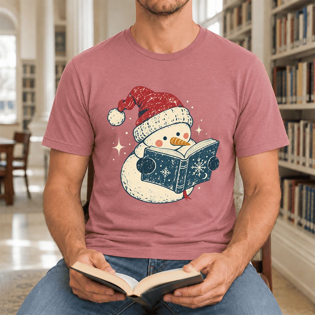 Reading Snowman Christmas Ultra-Soft Cotton T-Shirt | Cozy Christmas Reader Gift Mauve