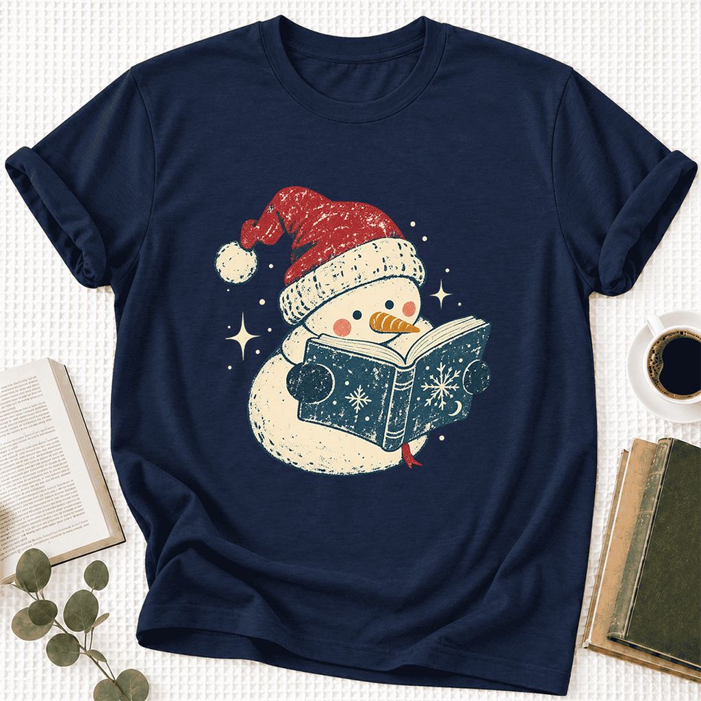 Reading Snowman Christmas Ultra-Soft Cotton T-Shirt | Cozy Christmas Reader Gift Navy