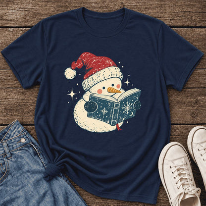 Reading Snowman Christmas Ultra-Soft Cotton T-Shirt | Cozy Christmas Reader Gift Navy