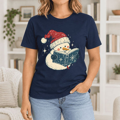 Reading Snowman Christmas Ultra-Soft Cotton T-Shirt | Cozy Christmas Reader Gift Navy