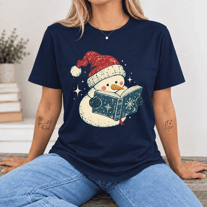 Reading Snowman Christmas Ultra-Soft Cotton T-Shirt | Cozy Christmas Reader Gift Navy