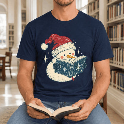 Reading Snowman Christmas Ultra-Soft Cotton T-Shirt | Cozy Christmas Reader Gift Navy