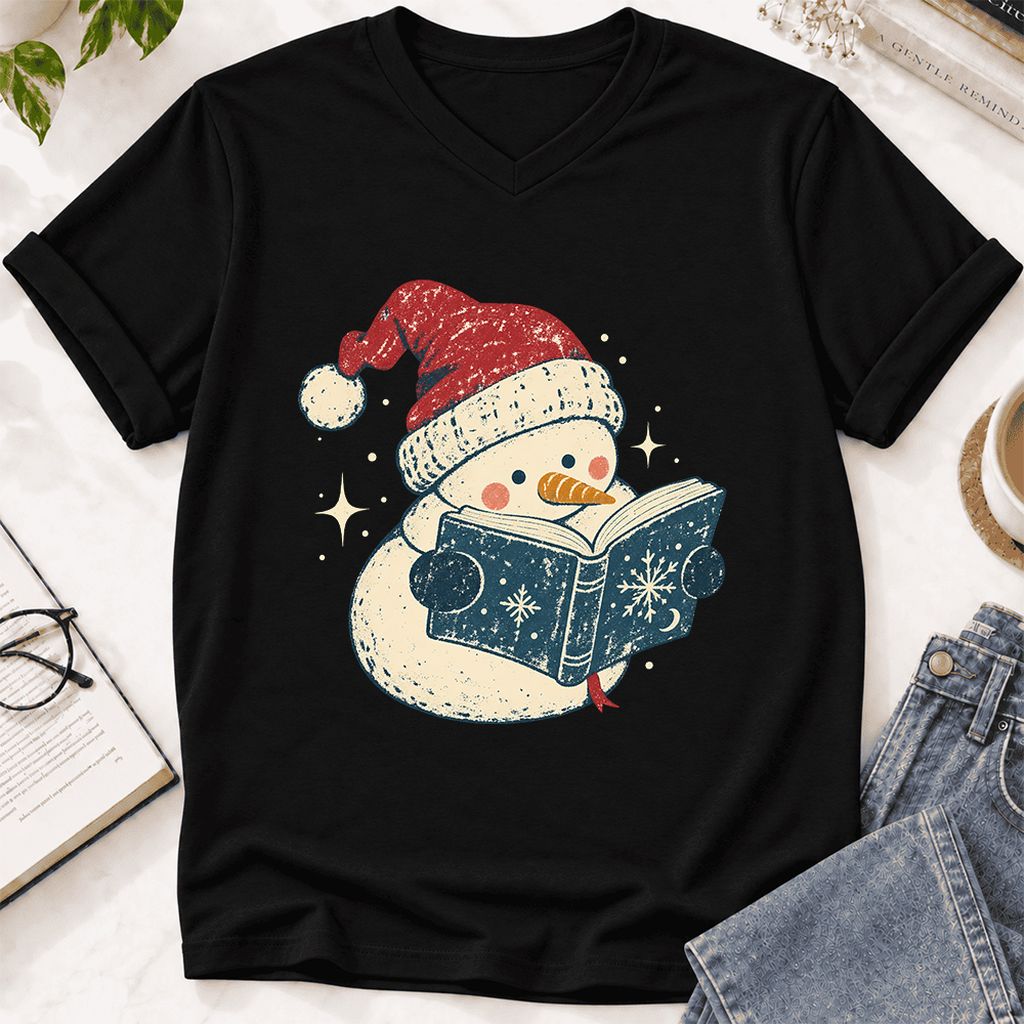 Reading Snowman Christmas Ultra-Soft V-Neck | Cozy Christmas Reader Gift Black