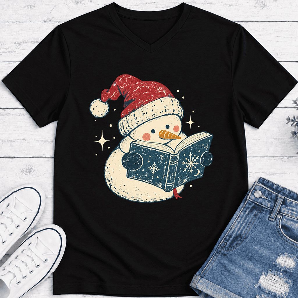 Reading Snowman Christmas Ultra-Soft V-Neck | Cozy Christmas Reader Gift Black