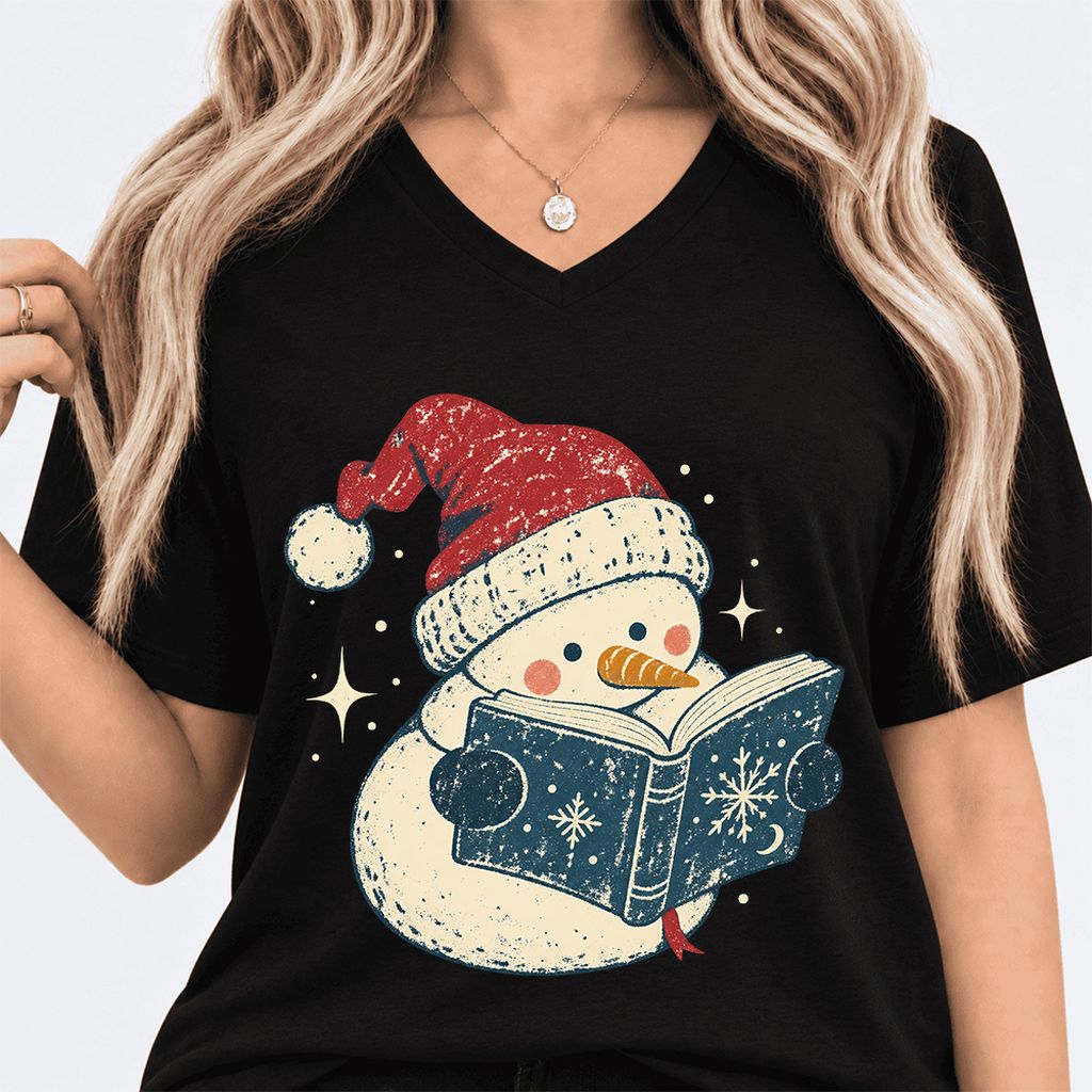 Reading Snowman Christmas Ultra-Soft V-Neck | Cozy Christmas Reader Gift Black