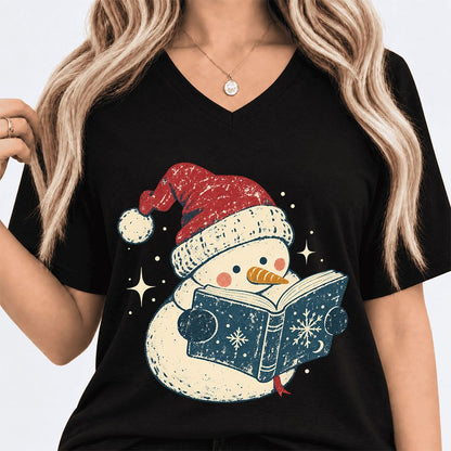 Reading Snowman Christmas Ultra-Soft V-Neck | Cozy Christmas Reader Gift Black