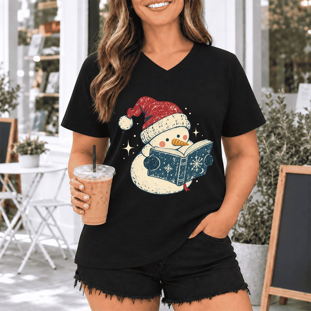Reading Snowman Christmas Ultra-Soft V-Neck | Cozy Christmas Reader Gift Black