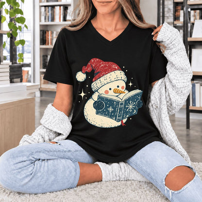 Reading Snowman Christmas Ultra-Soft V-Neck | Cozy Christmas Reader Gift Black