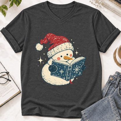 Reading Snowman Christmas Ultra-Soft V-Neck | Cozy Christmas Reader Gift Dark Grey Heather