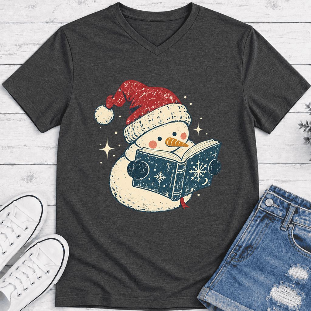 Reading Snowman Christmas Ultra-Soft V-Neck | Cozy Christmas Reader Gift Dark Grey Heather