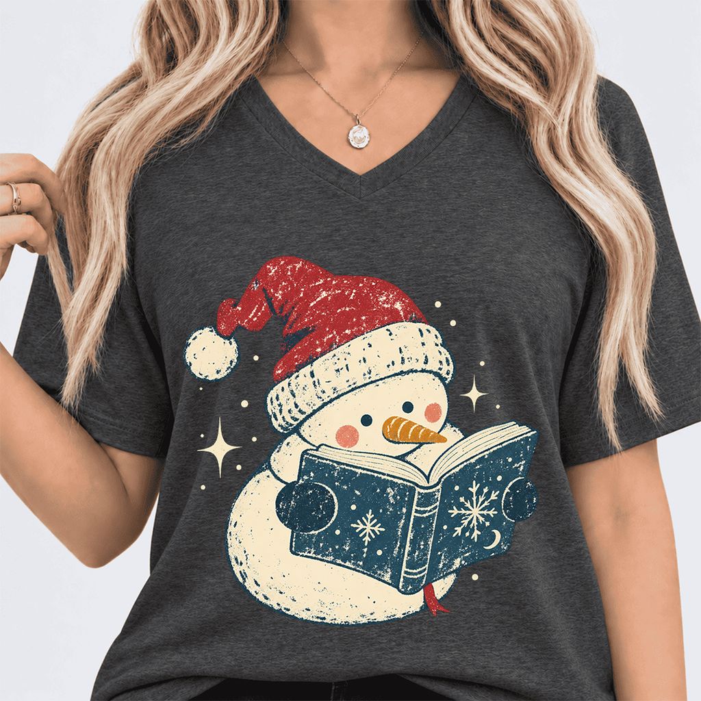 Reading Snowman Christmas Ultra-Soft V-Neck | Cozy Christmas Reader Gift Dark Grey Heather