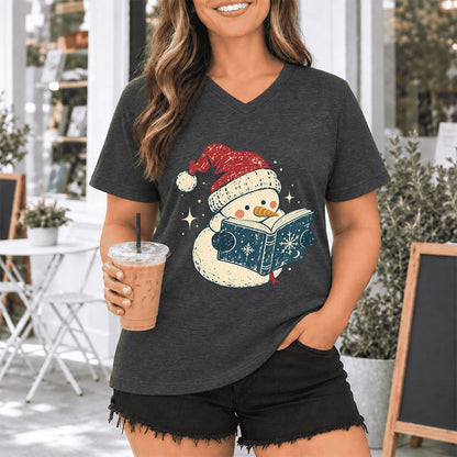 Reading Snowman Christmas Ultra-Soft V-Neck | Cozy Christmas Reader Gift Dark Grey Heather