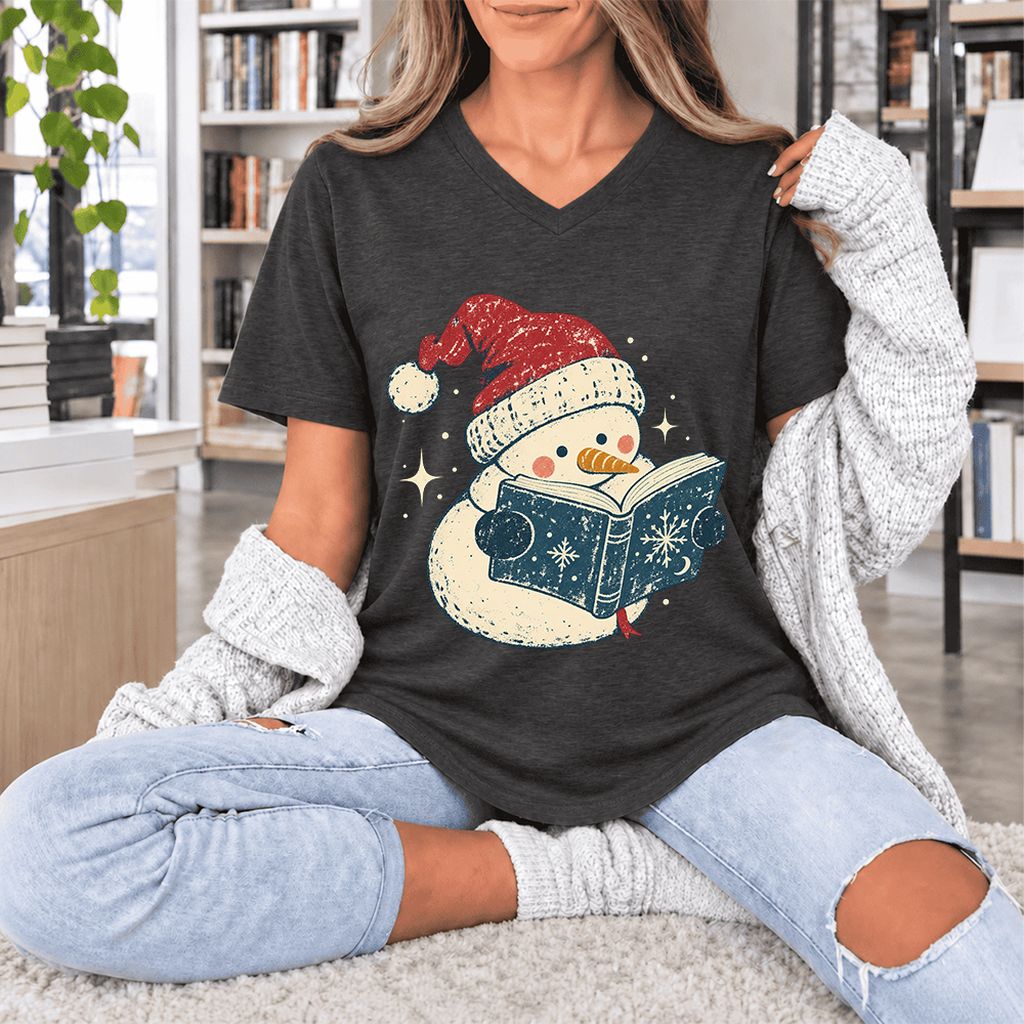 Reading Snowman Christmas Ultra-Soft V-Neck | Cozy Christmas Reader Gift Dark Grey Heather