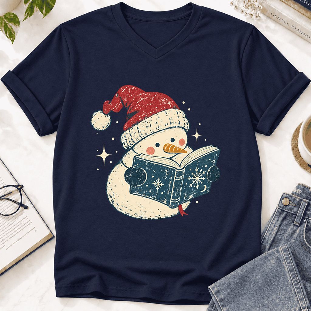 Reading Snowman Christmas Ultra-Soft V-Neck | Cozy Christmas Reader Gift Navy