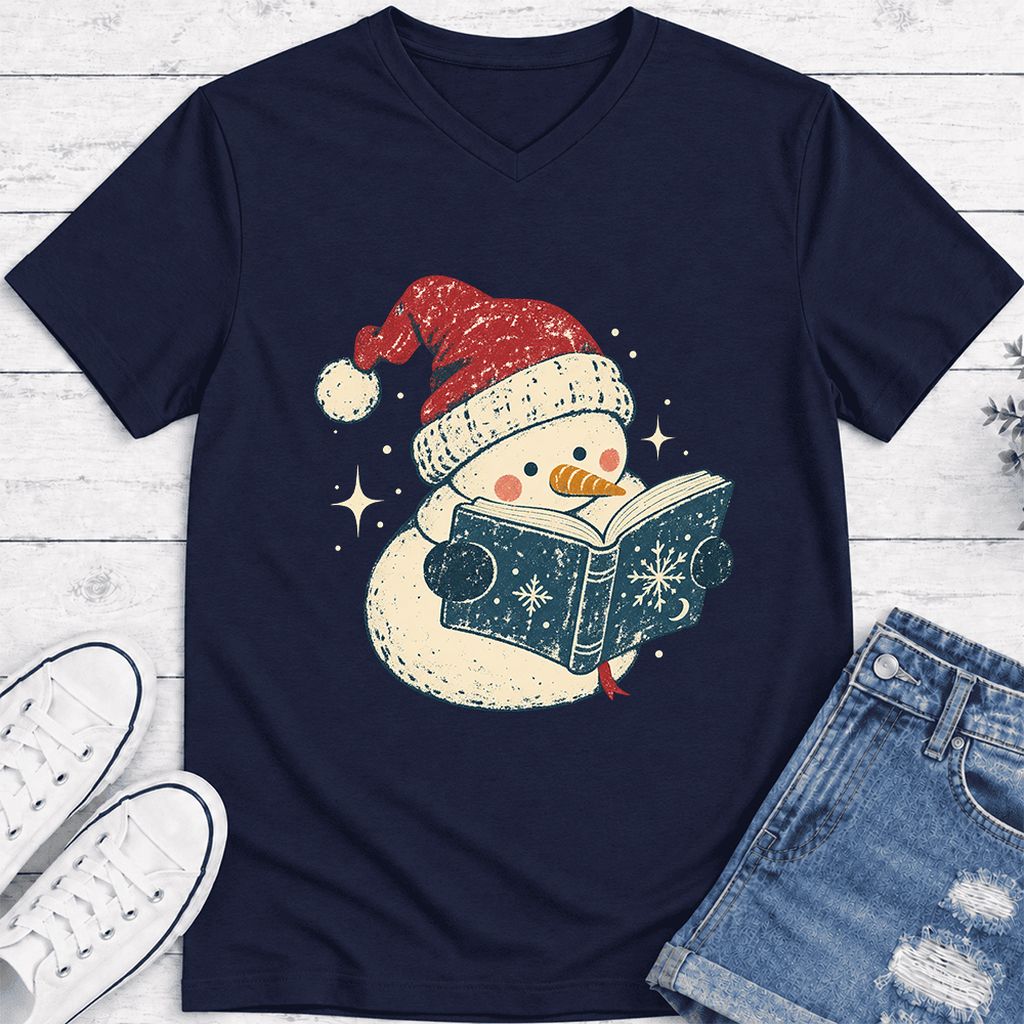 Reading Snowman Christmas Ultra-Soft V-Neck | Cozy Christmas Reader Gift Navy