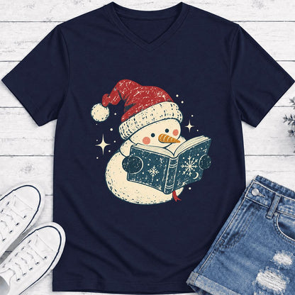 Reading Snowman Christmas Ultra-Soft V-Neck | Cozy Christmas Reader Gift Navy