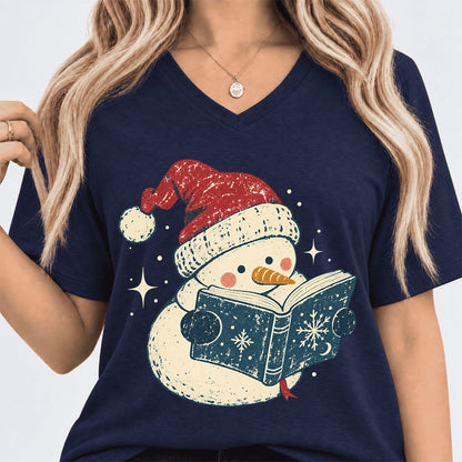 Reading Snowman Christmas Ultra-Soft V-Neck | Cozy Christmas Reader Gift Navy