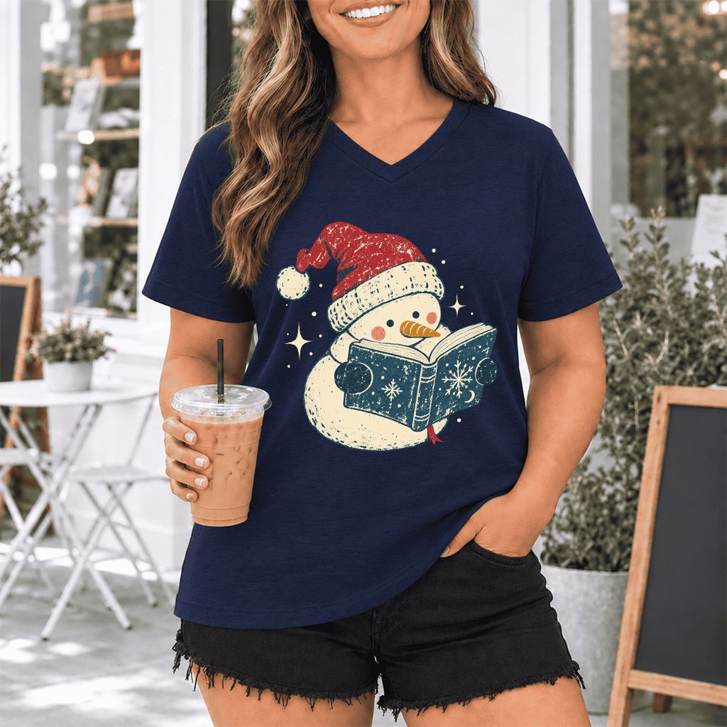Reading Snowman Christmas Ultra-Soft V-Neck | Cozy Christmas Reader Gift Navy