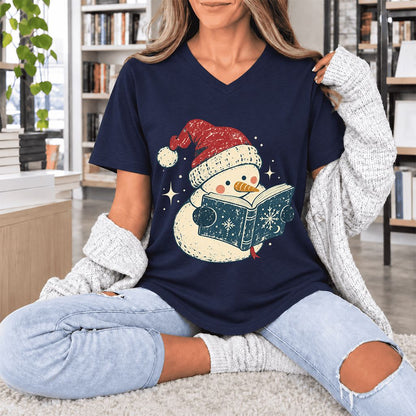 Reading Snowman Christmas Ultra-Soft V-Neck | Cozy Christmas Reader Gift Navy