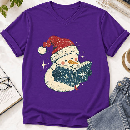 Reading Snowman Christmas Ultra-Soft V-Neck | Cozy Christmas Reader Gift Team Purple