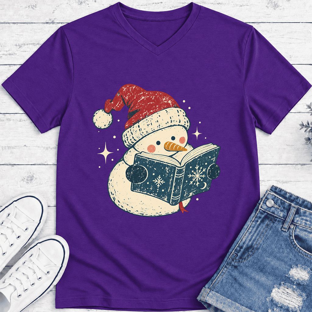 Reading Snowman Christmas Ultra-Soft V-Neck | Cozy Christmas Reader Gift Team Purple