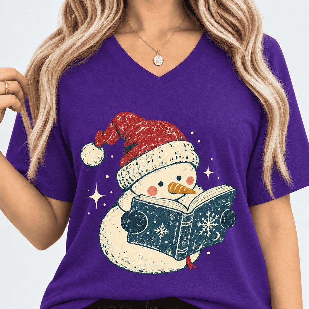 Reading Snowman Christmas Ultra-Soft V-Neck | Cozy Christmas Reader Gift Team Purple