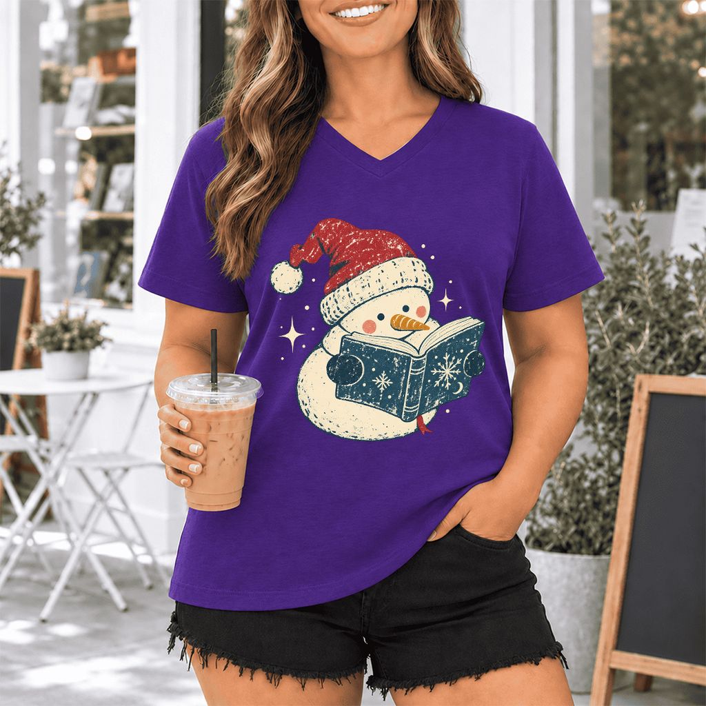 Reading Snowman Christmas Ultra-Soft V-Neck | Cozy Christmas Reader Gift Team Purple