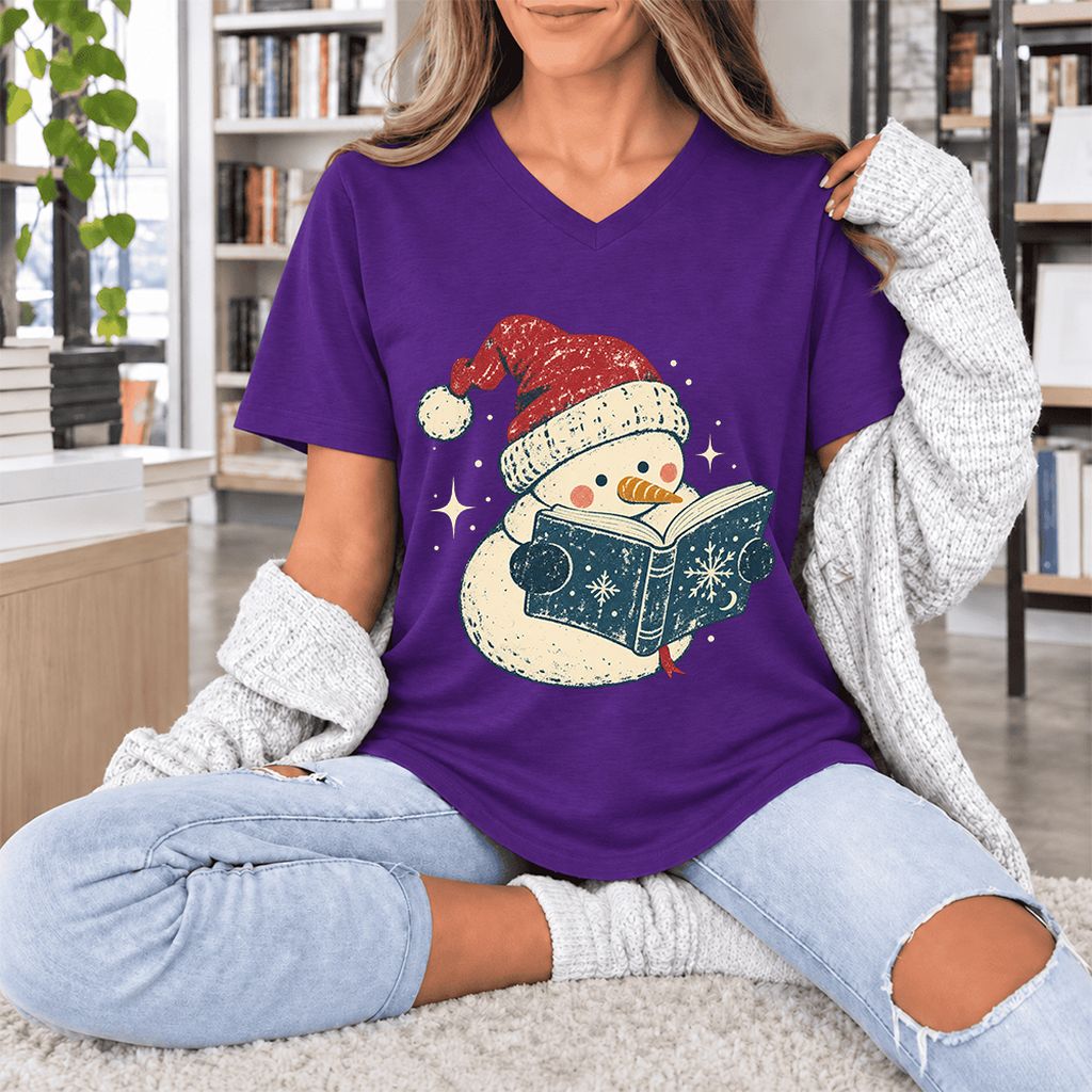 Reading Snowman Christmas Ultra-Soft V-Neck | Cozy Christmas Reader Gift Team Purple