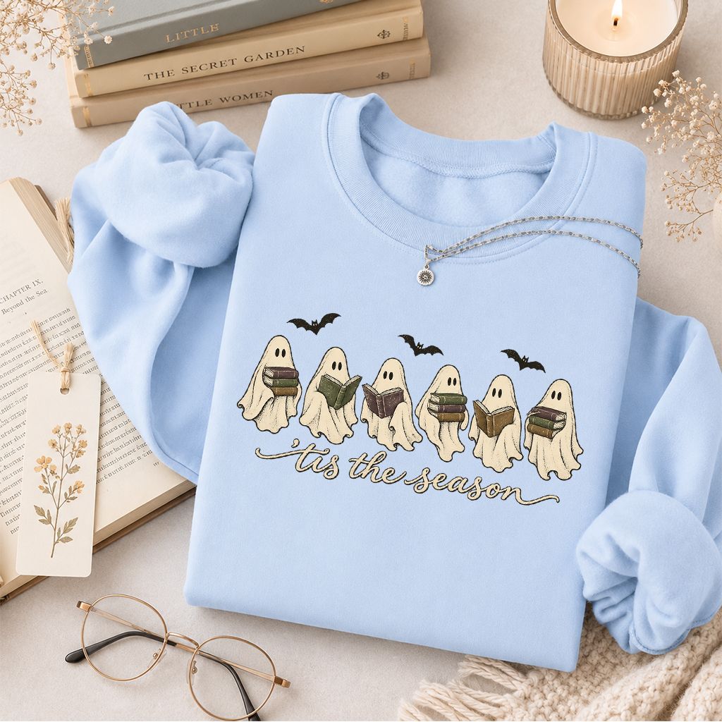 'Tis The Season Reading Ghosts Crewneck Sweatshirt | Halloween Book Lover Gift Light Blue