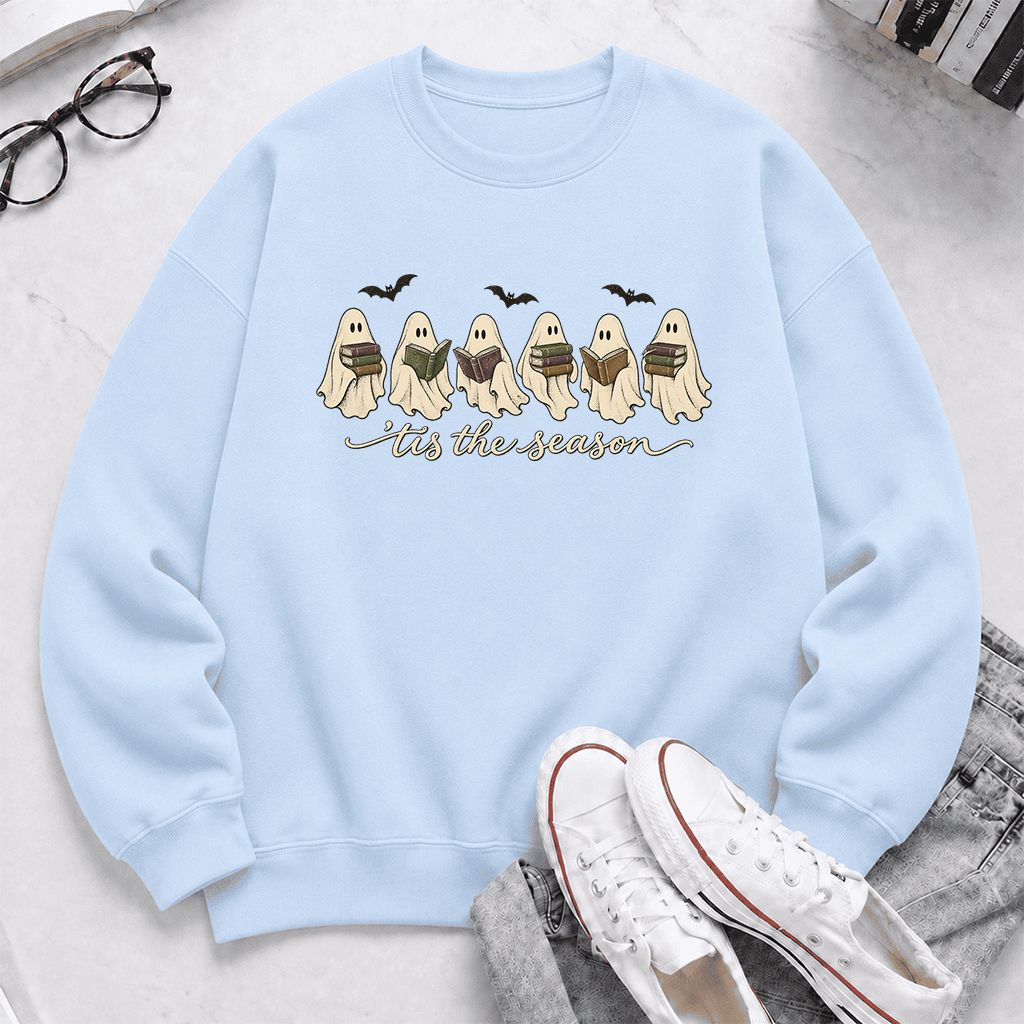 'Tis The Season Reading Ghosts Crewneck Sweatshirt | Halloween Book Lover Gift Light Blue
