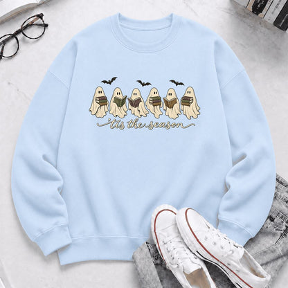 'Tis The Season Reading Ghosts Crewneck Sweatshirt | Halloween Book Lover Gift Light Blue