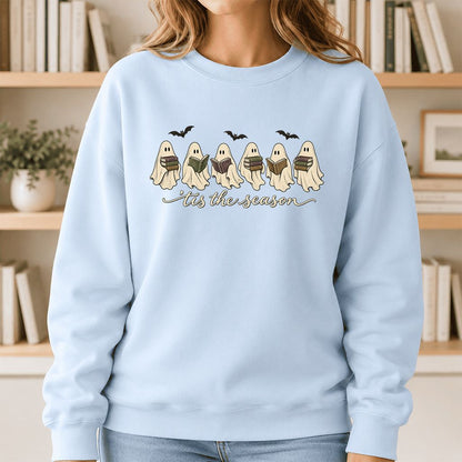 'Tis The Season Reading Ghosts Crewneck Sweatshirt | Halloween Book Lover Gift Light Blue