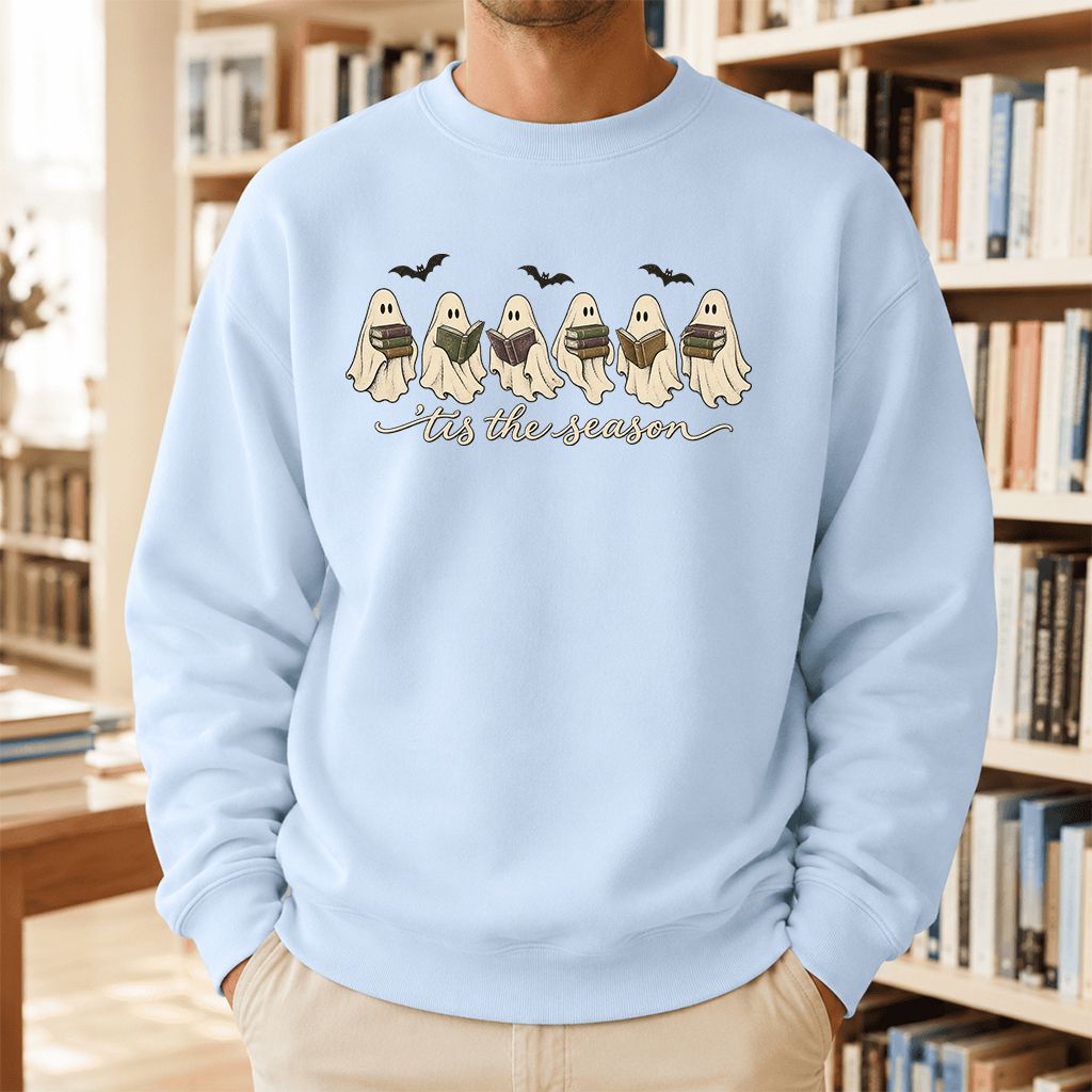 'Tis The Season Reading Ghosts Crewneck Sweatshirt | Halloween Book Lover Gift Light Blue