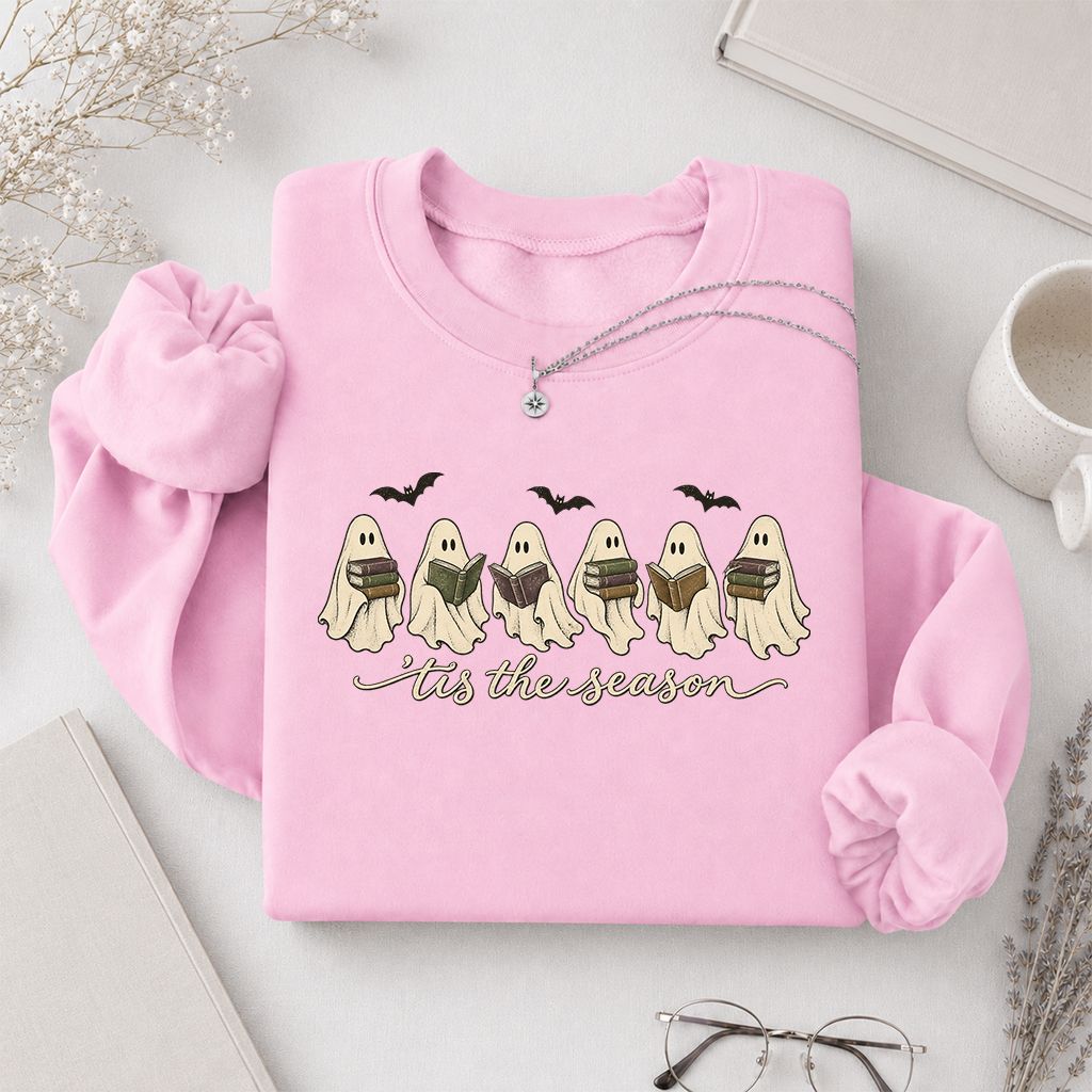 'Tis The Season Reading Ghosts Crewneck Sweatshirt | Halloween Book Lover Gift Light Pink