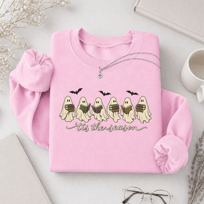 'Tis The Season Reading Ghosts Crewneck Sweatshirt | Halloween Book Lover Gift Light Pink