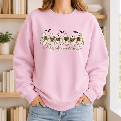 'Tis The Season Reading Ghosts Crewneck Sweatshirt | Halloween Book Lover Gift Light Pink