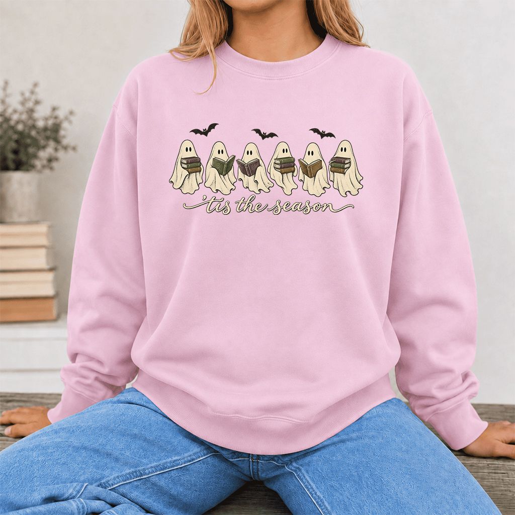 'Tis The Season Reading Ghosts Crewneck Sweatshirt | Halloween Book Lover Gift Light Pink
