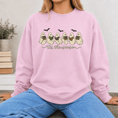 'Tis The Season Reading Ghosts Crewneck Sweatshirt | Halloween Book Lover Gift Light Pink
