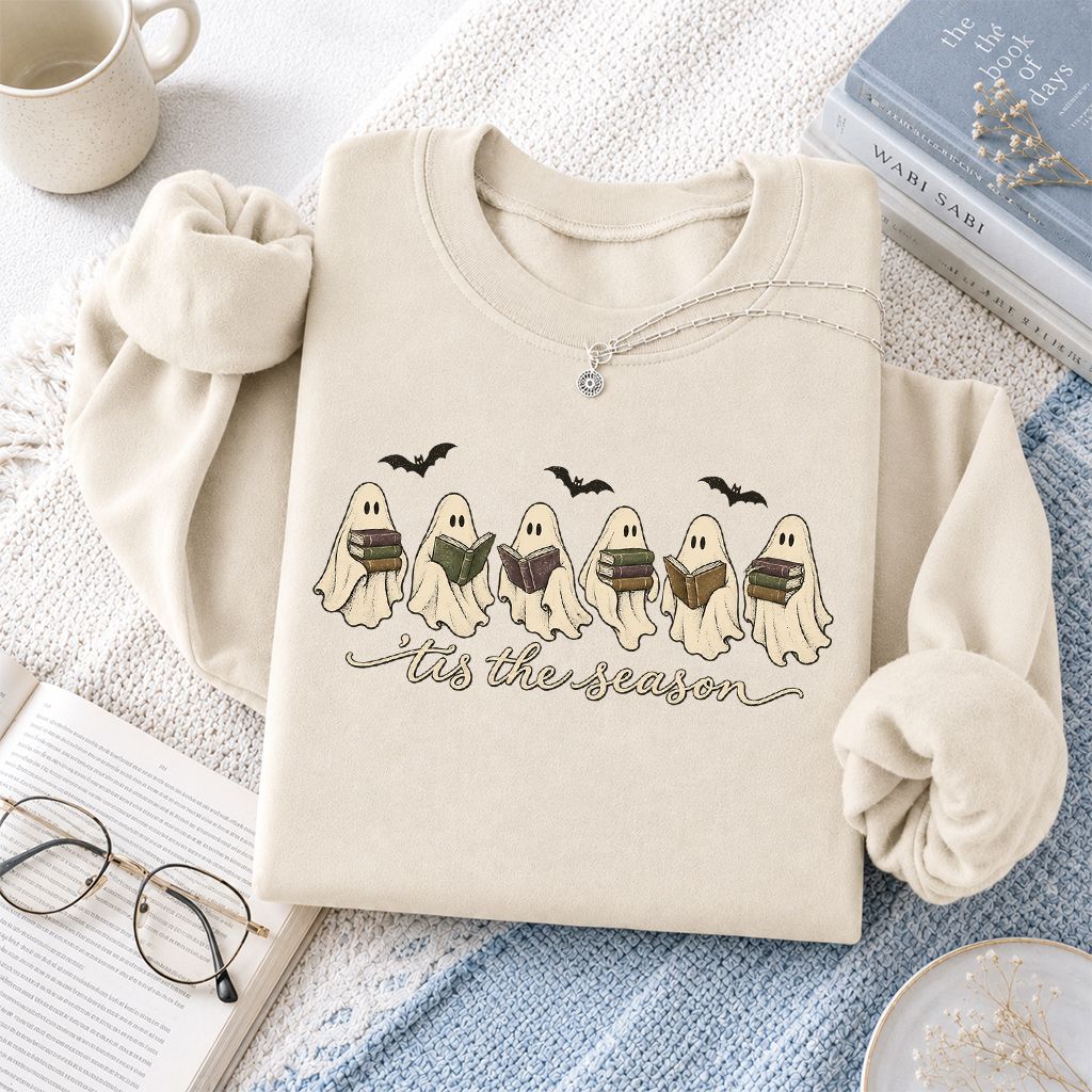 'Tis The Season Reading Ghosts Crewneck Sweatshirt | Halloween Book Lover Gift Sand