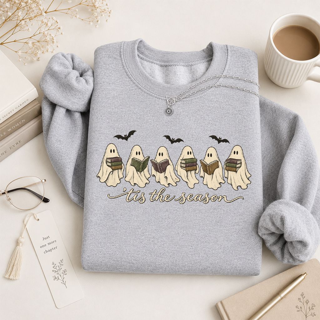 'Tis The Season Reading Ghosts Crewneck Sweatshirt | Halloween Book Lover Gift Sport Grey