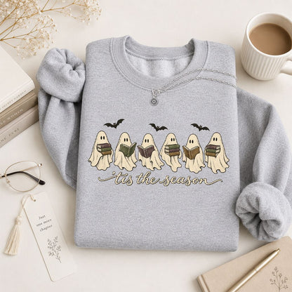 'Tis The Season Reading Ghosts Crewneck Sweatshirt | Halloween Book Lover Gift Sport Grey
