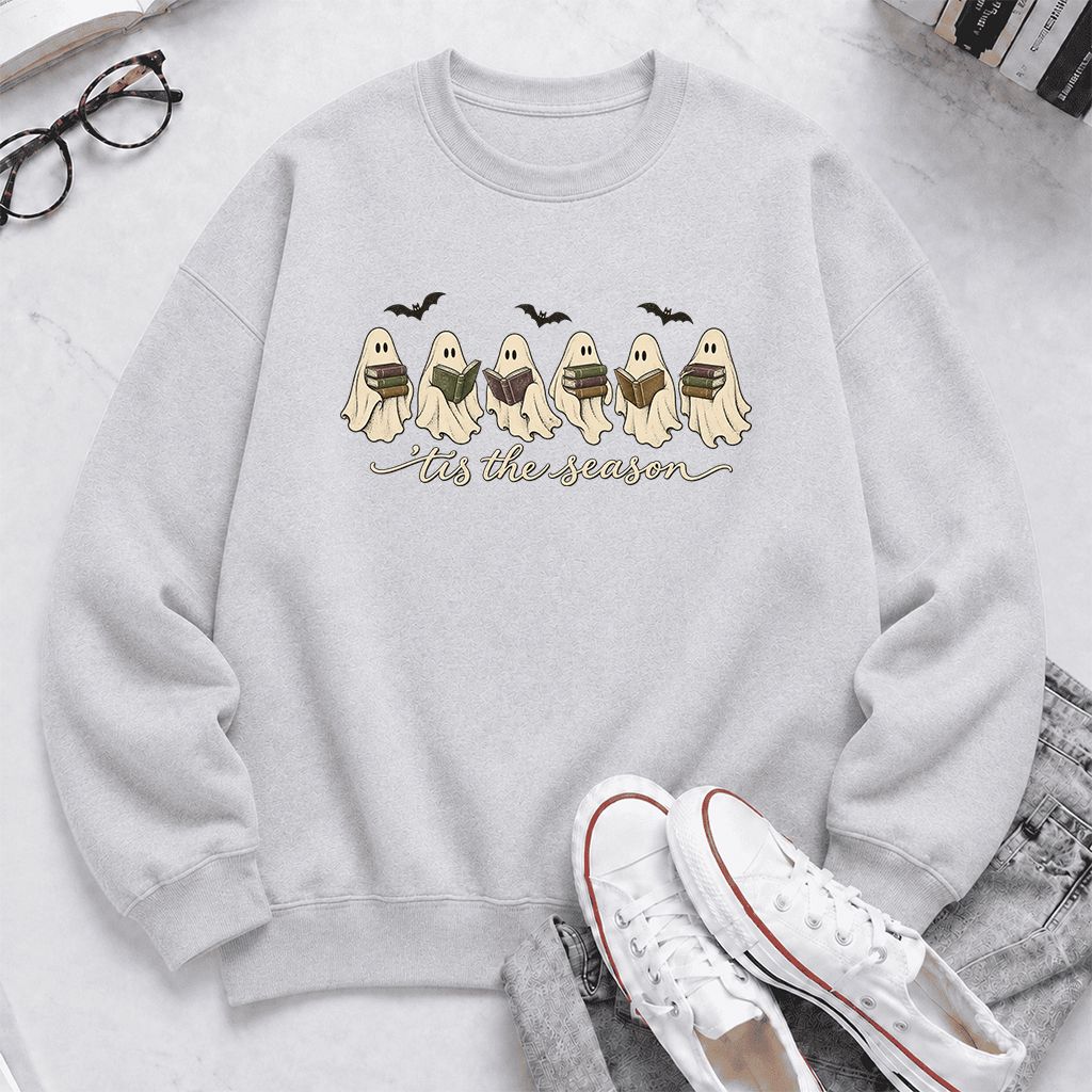'Tis The Season Reading Ghosts Crewneck Sweatshirt | Halloween Book Lover Gift Sport Grey